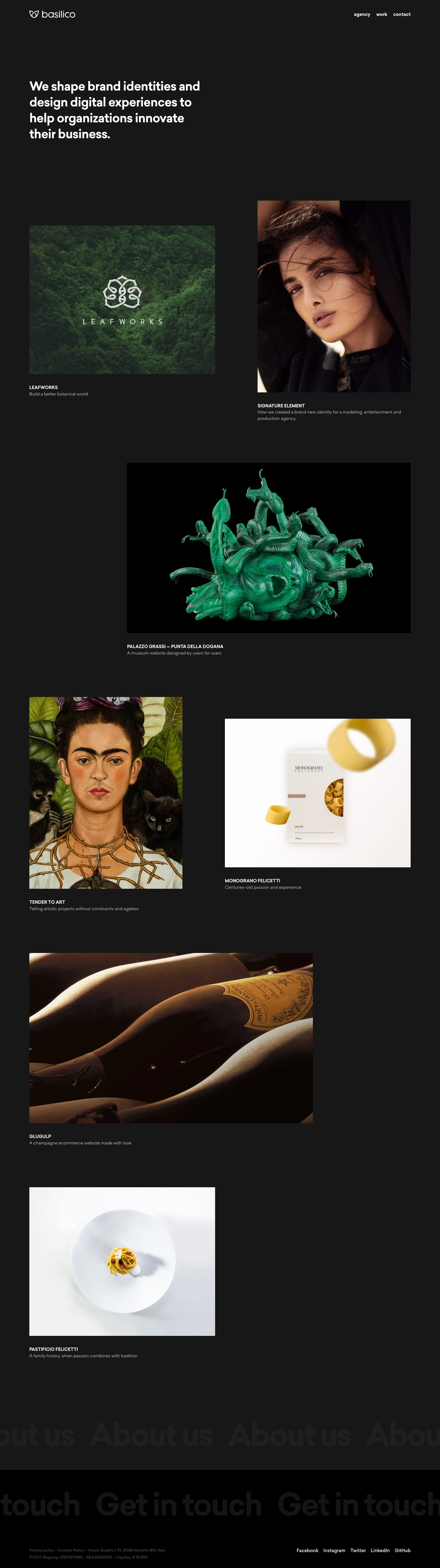 Basilico Landing Page Example: We shape brand identities and design digital experiences to help organizations innovate their business.