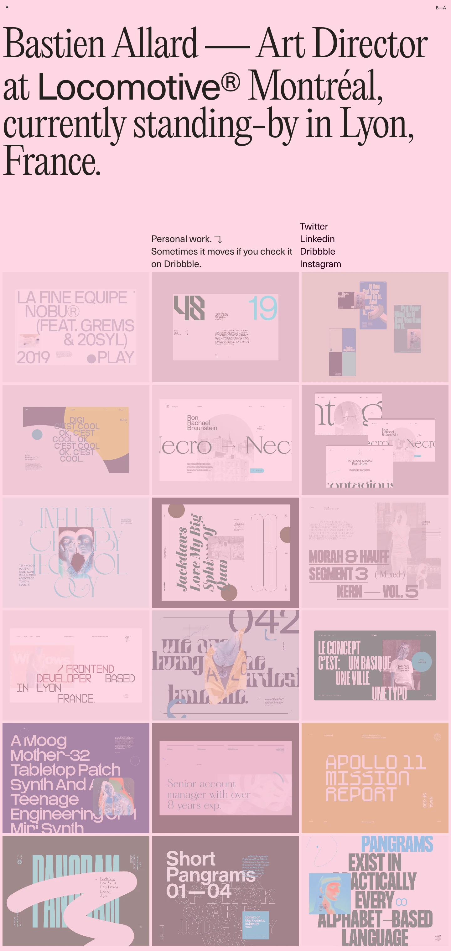 Bastien Allard Landing Page Example: Art Director at Locomotive Montréal, currently standing-by in Lyon, France.