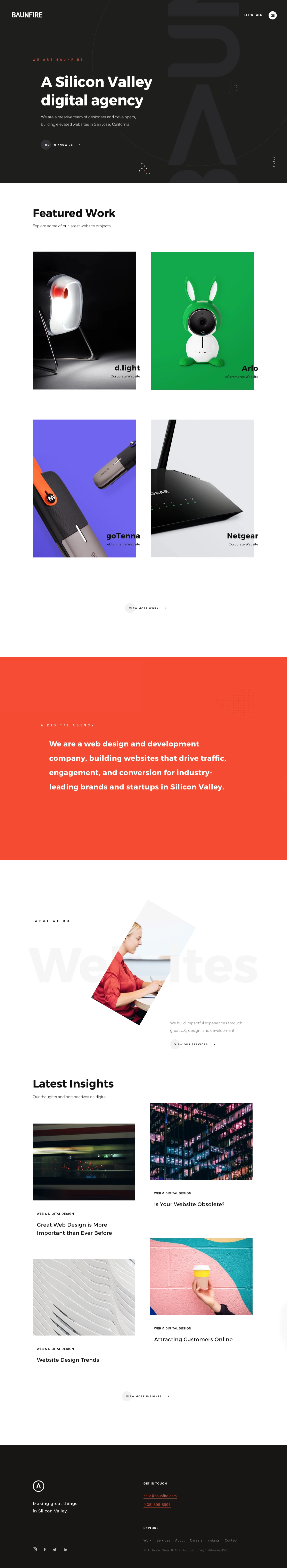 Baunfire Landing Page Example: Baunfire is an award-winning digital agency that designs and develops elevated websites in Silicon Valley. Say hello to build something great with us.