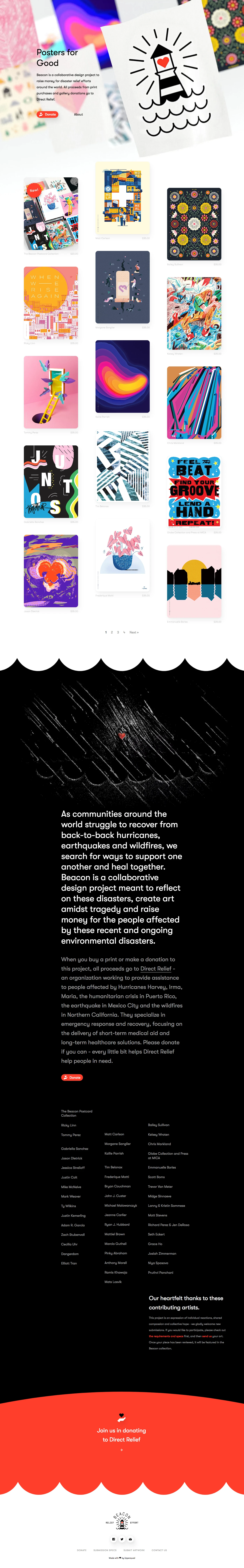 Beacon Landing Page Example: Beacon is a collaborative design project to raise money for disaster relief efforts around the world. All proceeds from print purchases and gallery donations go to Direct Relief.