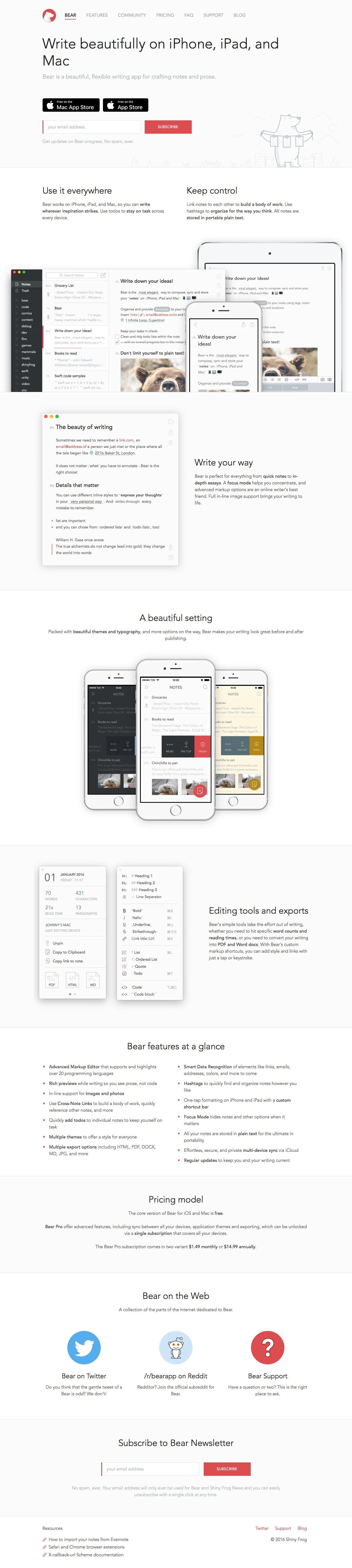 Bear Landing Page Example: Bear is a beautiful, flexible writing app for crafting notes and prose.