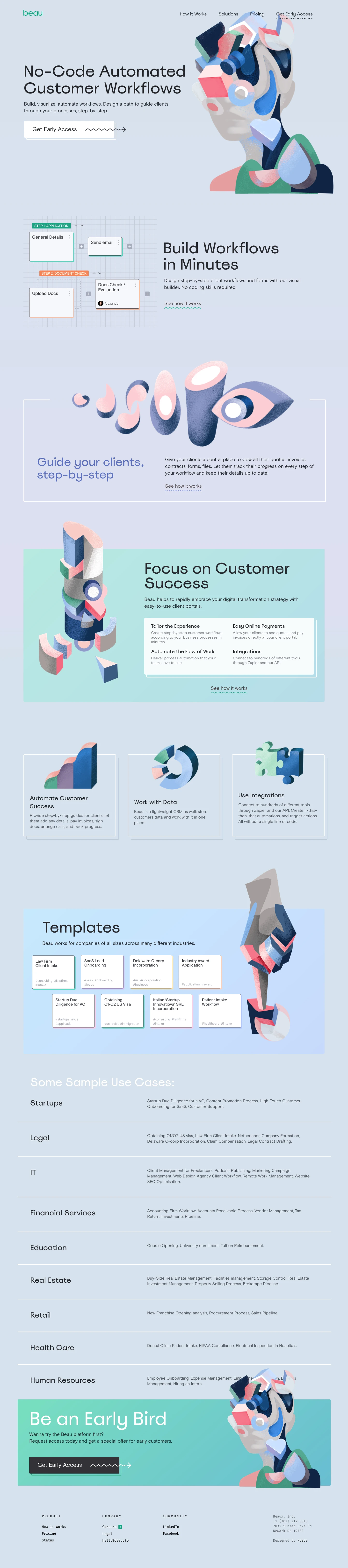 Beau Landing Page Example: Beau helps businesses and freelancers to build, visualize, automate customer workflows. Guide clients through your processes, step-by-step.
