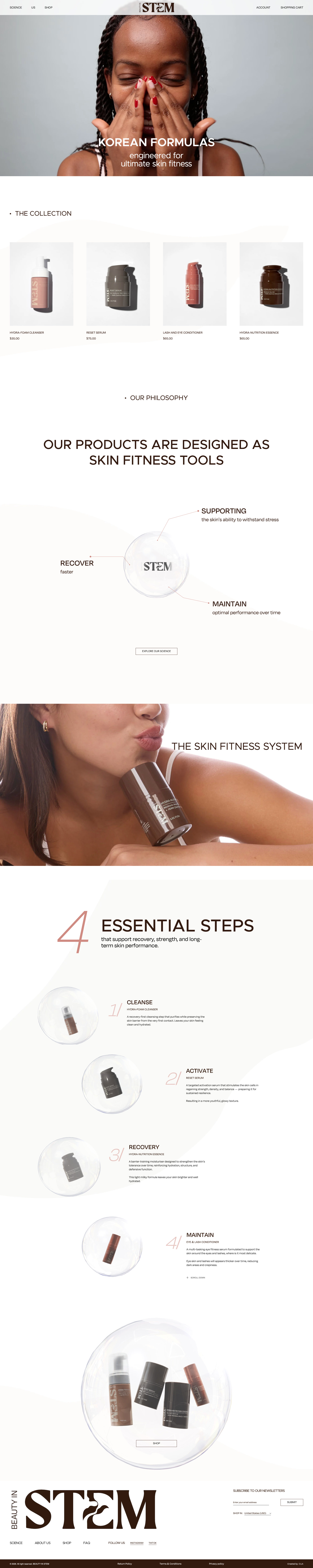 Beauty In Stem Landing Page Example: Korean skincare formulas engineered for ultimate skin fitness. Advanced PDRN science developed in collaboration with Korean skin scientists.