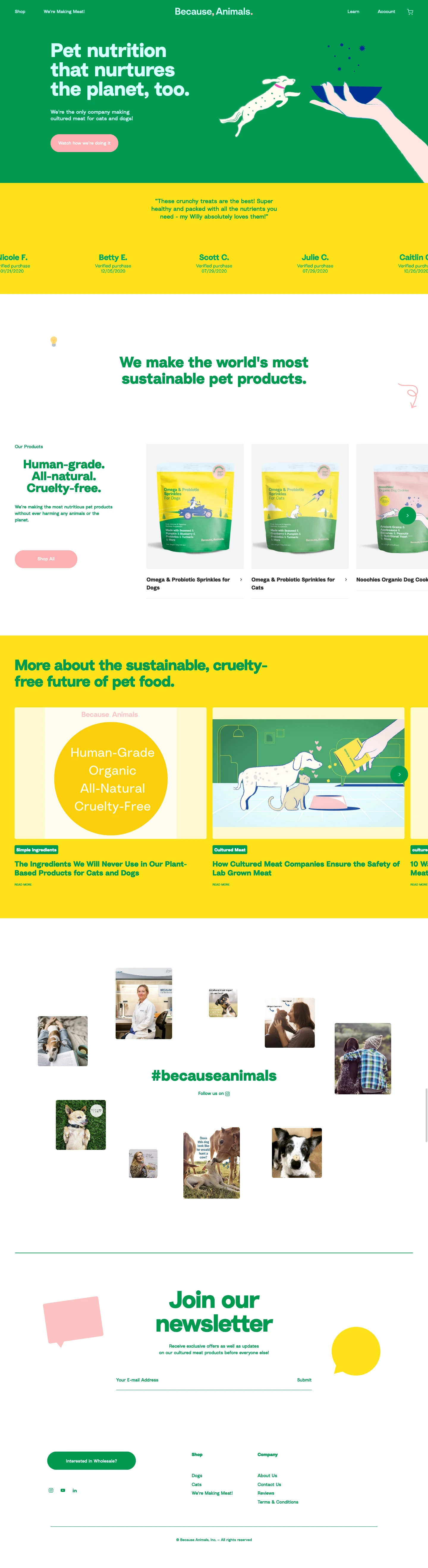 Because Animals Landing Page Example: All-natural, organic pet foods for dogs and cats. Made without animals.