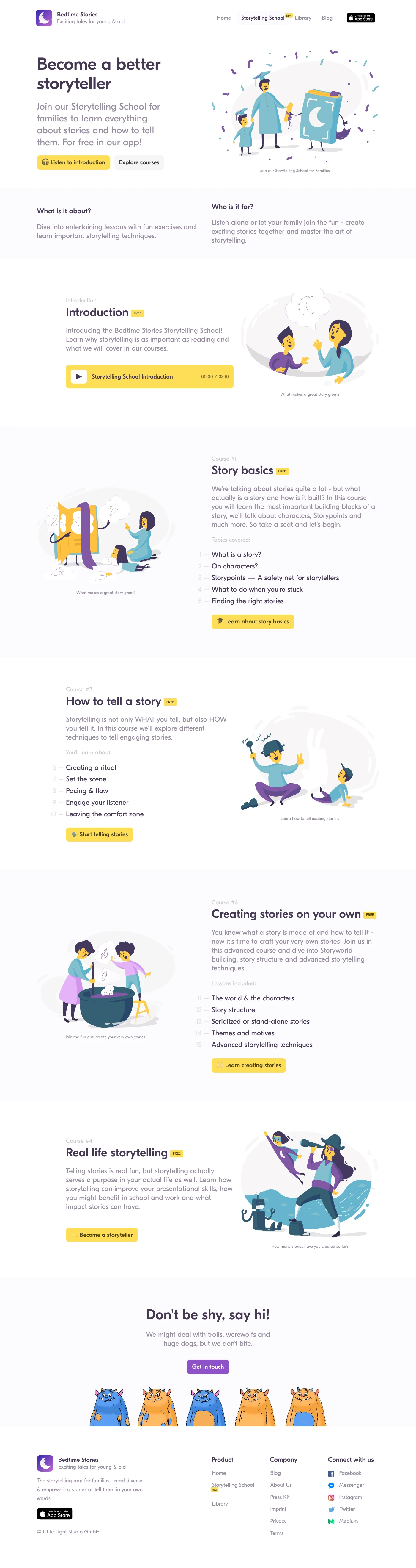 Storytelling School Landing Page Example: Learn exciting storytelling techniques and become a better storyteller. Join our Storytelling School for families to learn everything about stories and how to tell them.