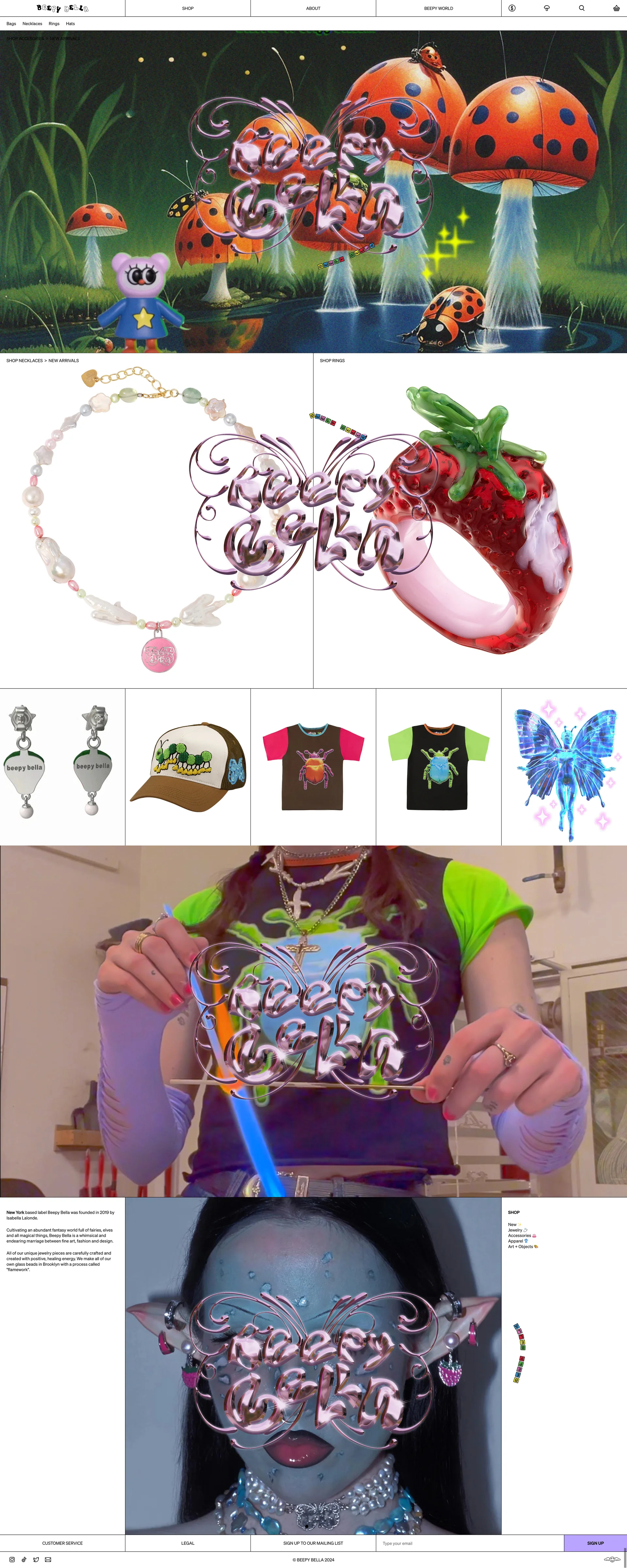 Beepy Bella Landing Page Example: New York based label Beepy Bella was founded in 2019 by Isabella Lalonde. Our unique, whimsical jewelry and accesories have created a lasting impact on the industry, as well as built a heartfelt community of artists and innovators surrounding the brand.