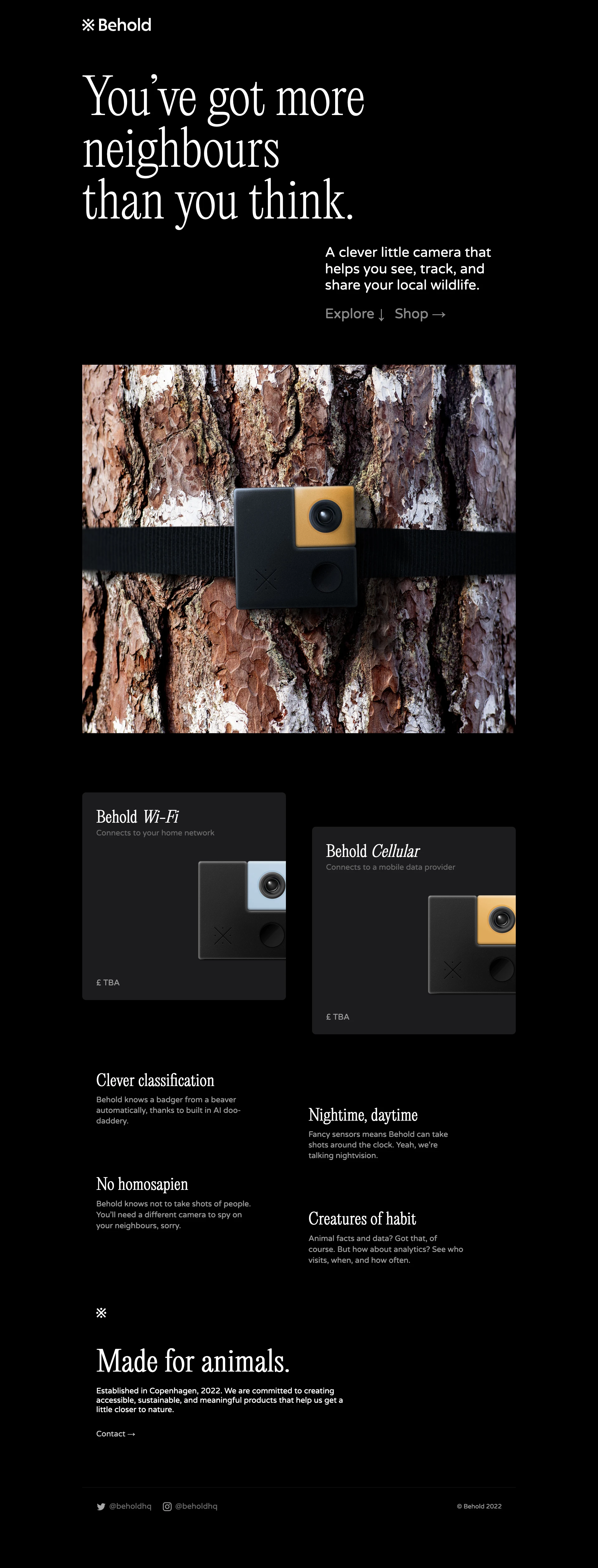 Behold Landing Page Example: Behold is a clever little camera that helps you see, track, and share your local wildlife.
