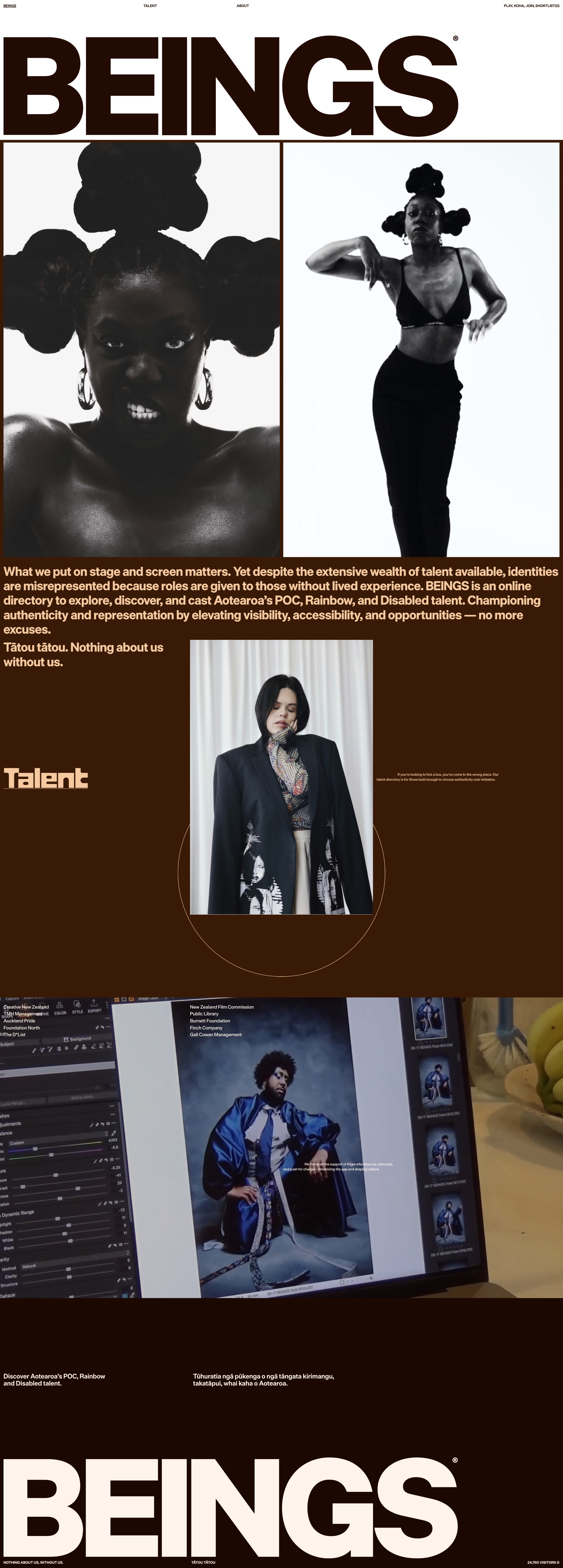 BEINGS Landing Page Example: What we put on stage and screen matters. Yet despite the extensive wealth of talent available, identities are misrepresented because roles are given to those without lived experience. BEINGS is an online directory to explore, discover, and cast Aotearoa’s POC, Rainbow, and Disabled talent. Championing authenticity and representation by elevating visibility, accessibility, and opportunities — no more excuses.