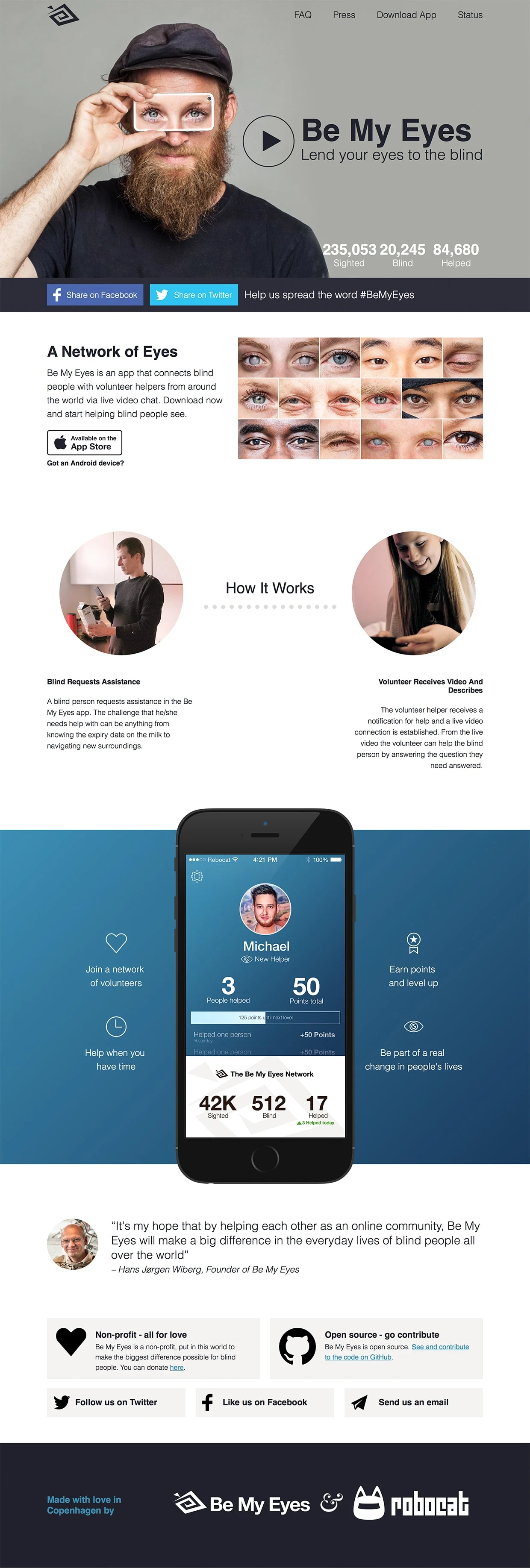 Be My Eyes Landing Page Example: Be My Eyes is an iPhone app that lets blind people contact a network of sighted volunteers for help with live video chat.