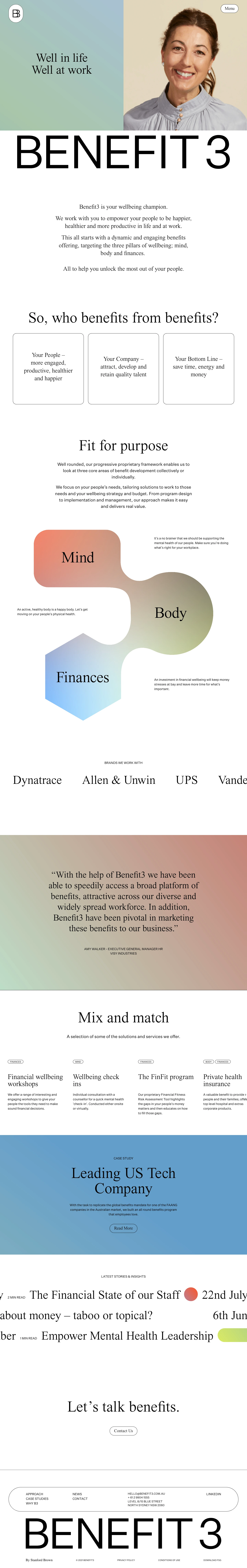 Benefit3 Landing Page Example: Benefit3 work with you to empower your people to be happier, healthier and more productive in life and at work.