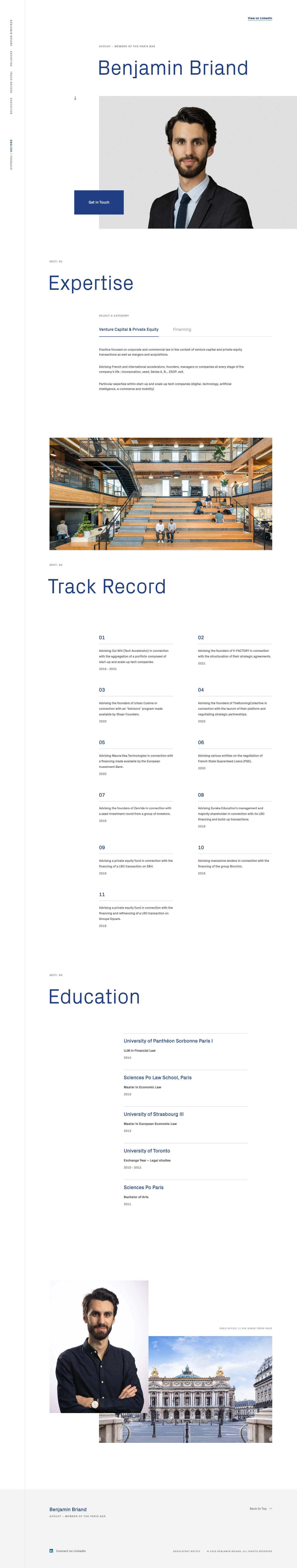 Benjamin Briand Landing Page Example: Benjamin focuses his practice on corporate and commercial law in the context of venture capital and private equity transactions as well as mergers and acquisitions.