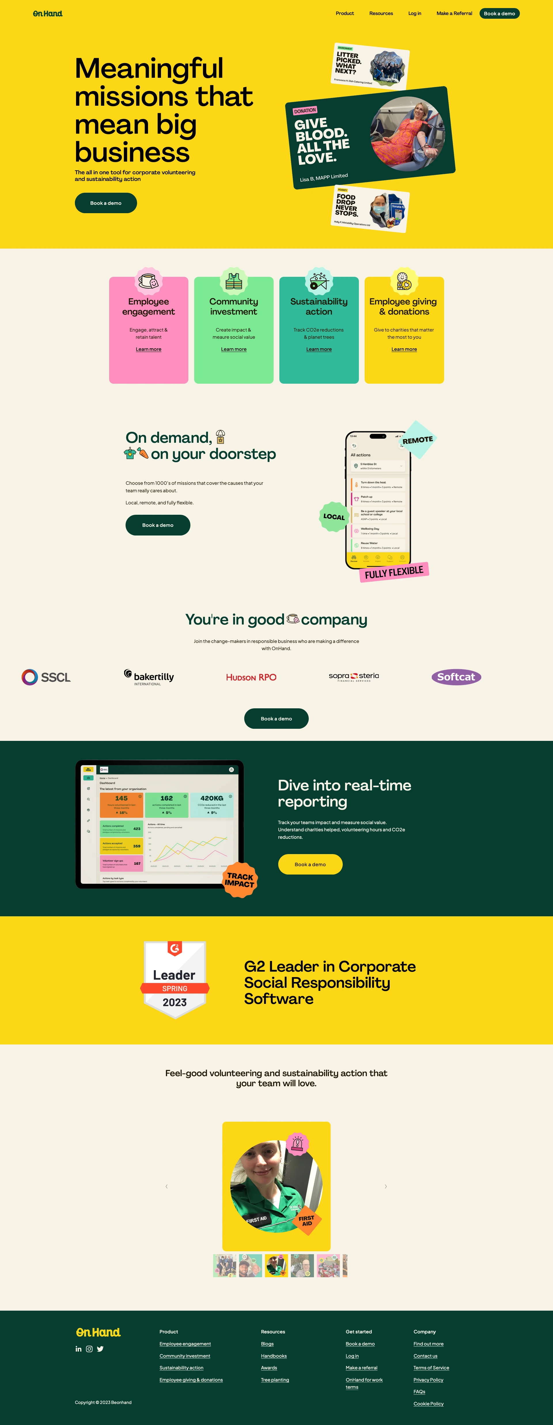 OnHand Landing Page Example: Meaningful missions that mean big business. The all in one tool for corporate volunteering and sustainability action.