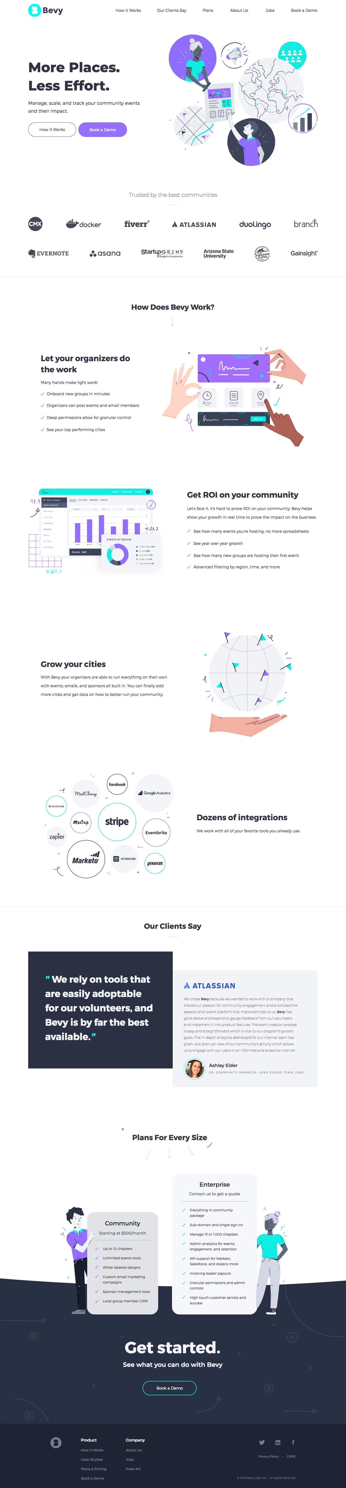 Bevy Landing Page Example: More places. Less effort. Manage, scale, and track your community events and their impact.