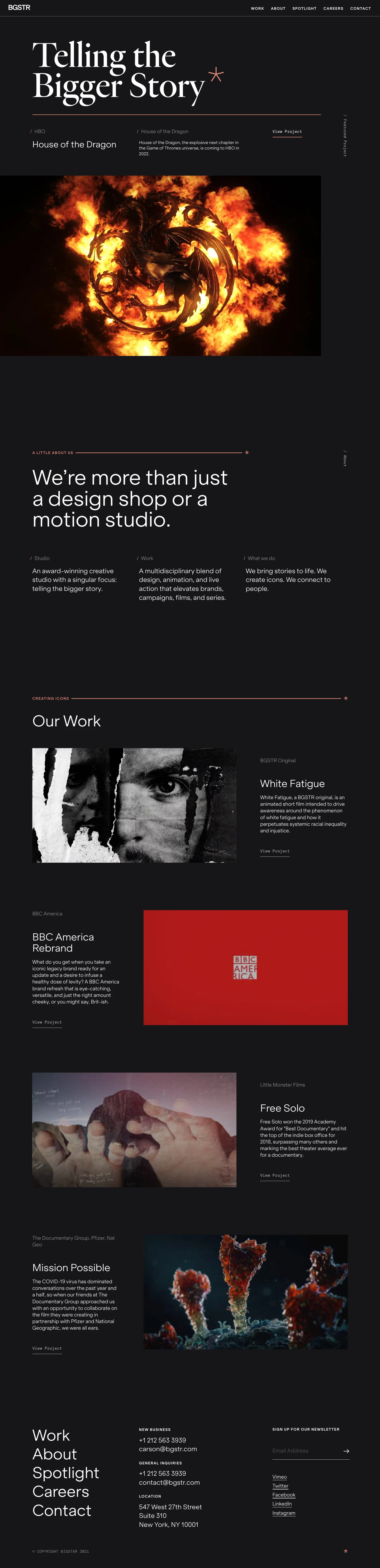 BIGSTAR Landing Page Example: BIGSTAR employs Creative Strategy with Design, Live-action, Animation, and Visual Effects to tell compelling stories and deliver branded content that informs, engages, and inspires. With a team of designers, directors, and producers dedicated to forming and refining the culture of communication, BIGSTAR forges visual content for the Advertising, Film, Broadcast, and Music Video Industries.