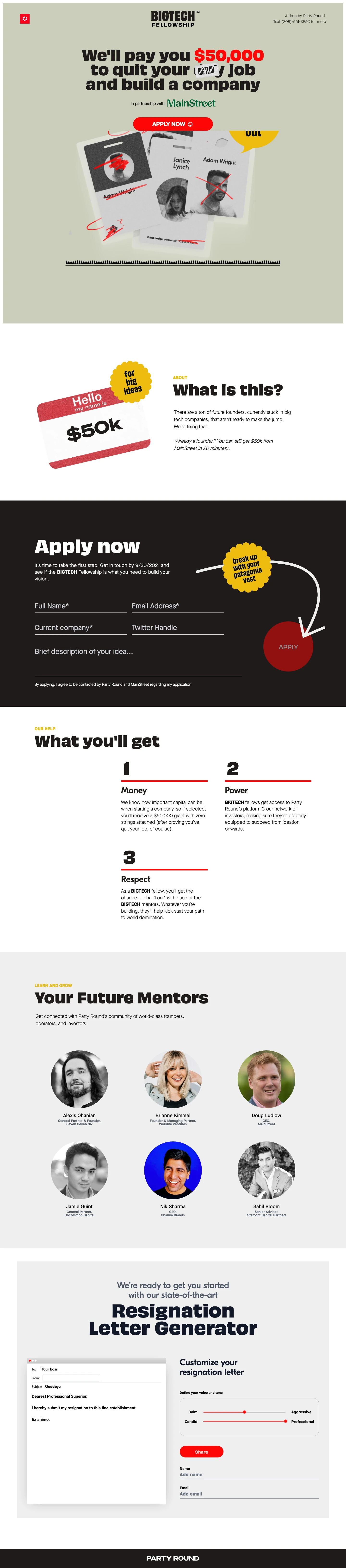 BIGTECH Fellowship Landing Page Example: We'll pay you $50,000 to quit your day job and build a company.