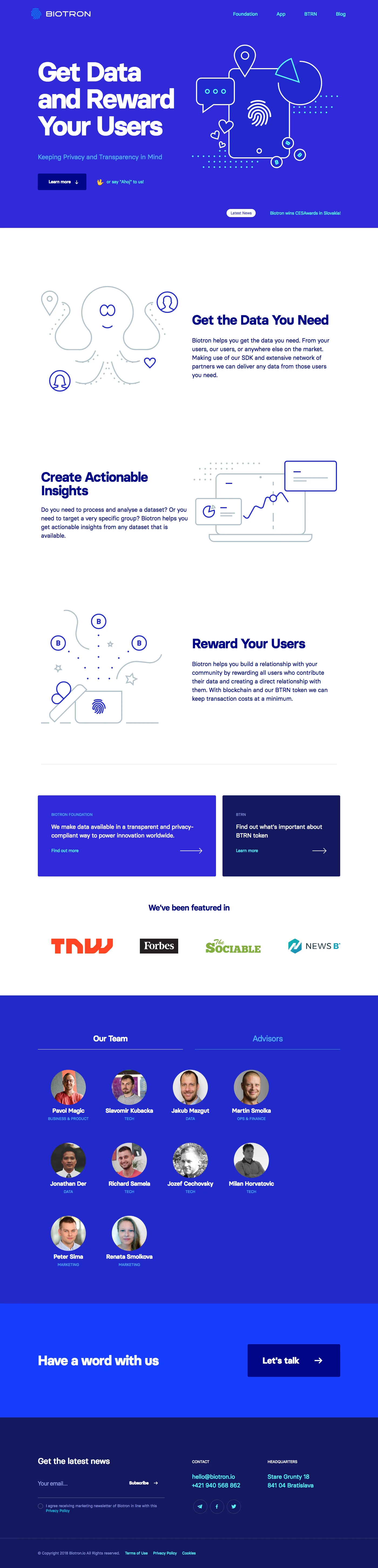 Biotron Landing Page Example: Biotron is user permissioned & revenue sharing user data analytics platform with blockchain transparency and security. Get BTRN token and participate on success of next-generation personal data warehousing & monetization solution.