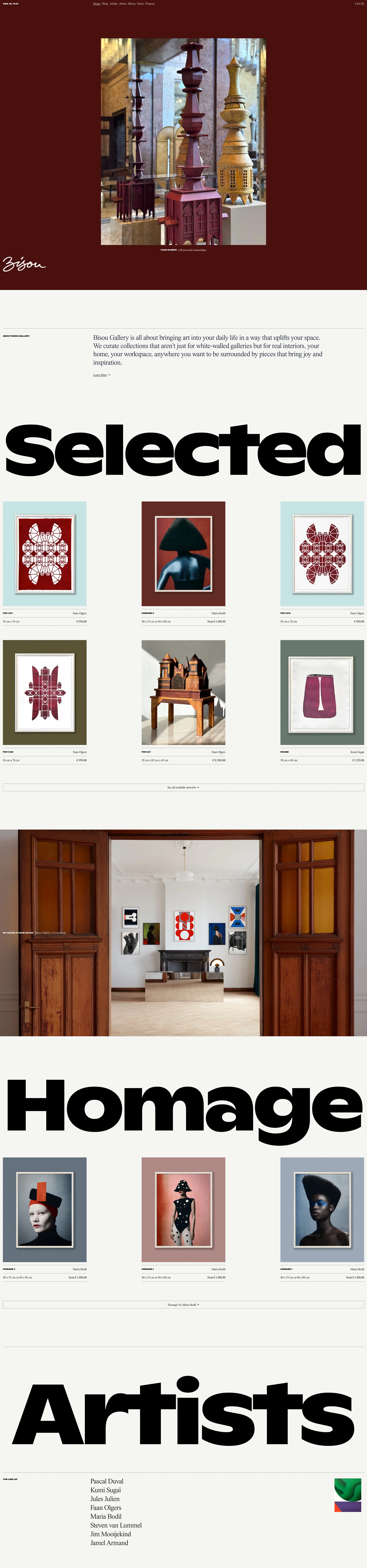 Bisou Gallery Landing Page Example: Bisou Gallery is all about bringing art into your daily life in a way that uplifts your space. We curate collections that aren’t just for white-walled galleries but for real interiors, your home, your workspace, anywhere you want to be surrounded by pieces that bring joy and inspiration.