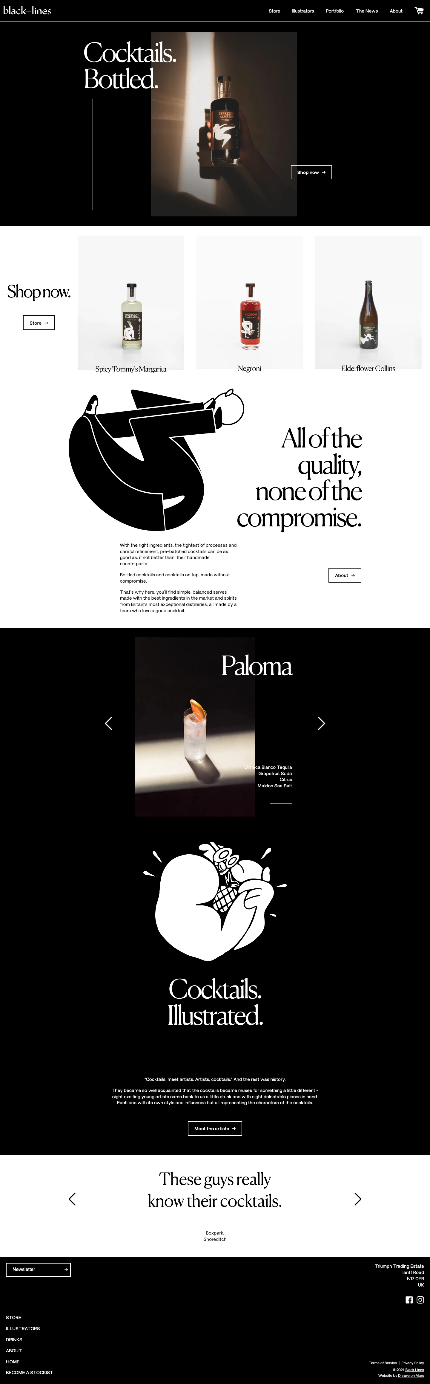 Black Lines Landing Page Example: Bottled cocktails made with fresh ingredients and award winning spirits, delivered direct to your door. Discover the team making cocktails more accessible.