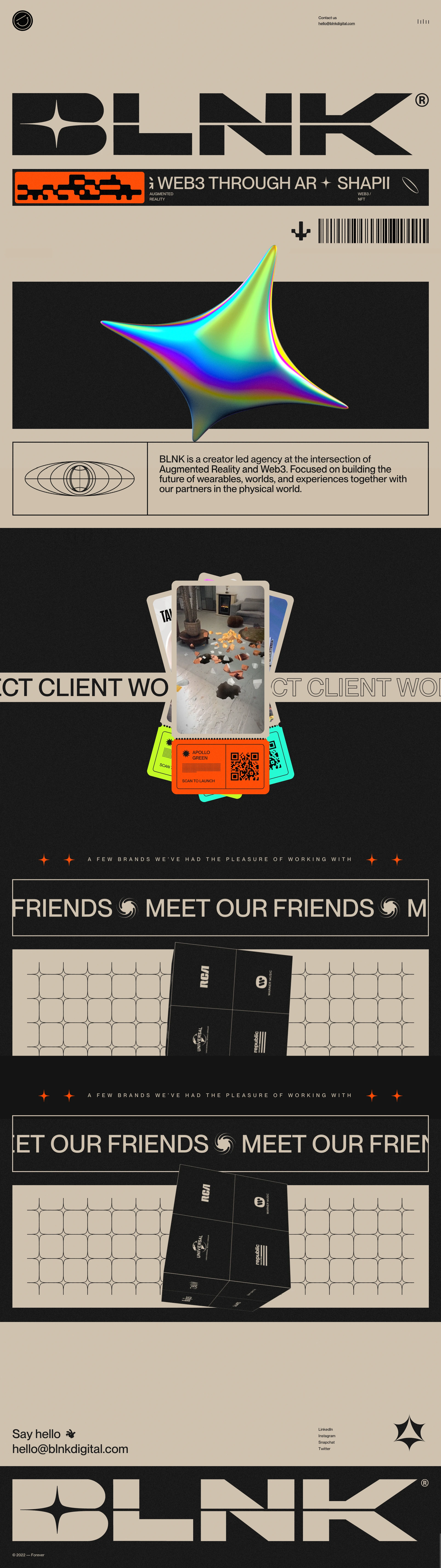 BLNK Landing Page Example: BLNK is a creator lead agency at the intersection of Augmented Reality and Web3. Focused on building the future of wearables, worlds, and experiences together with our partners in the physical world.