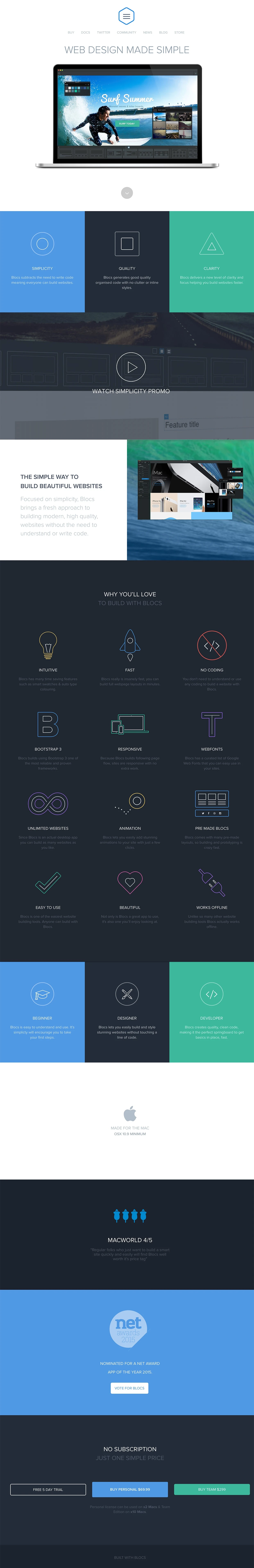 Blocs Landing Page Example: Blocs is a Mac app that lets you build beautiful websites without touching a line of code.