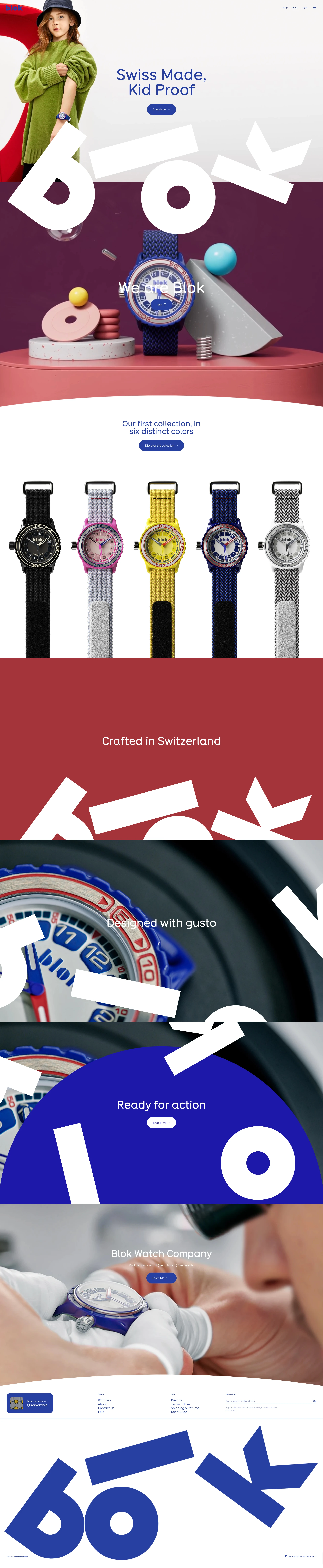 Blok Watches Landing Page Example: Blok 33 is a Swiss-made mechanical wristwatch for kids featuring a Swiss ETA movement, sapphire glass, and a stainless steel screw down crown, all housed in a bio-polymer case, waterproof to 100m.