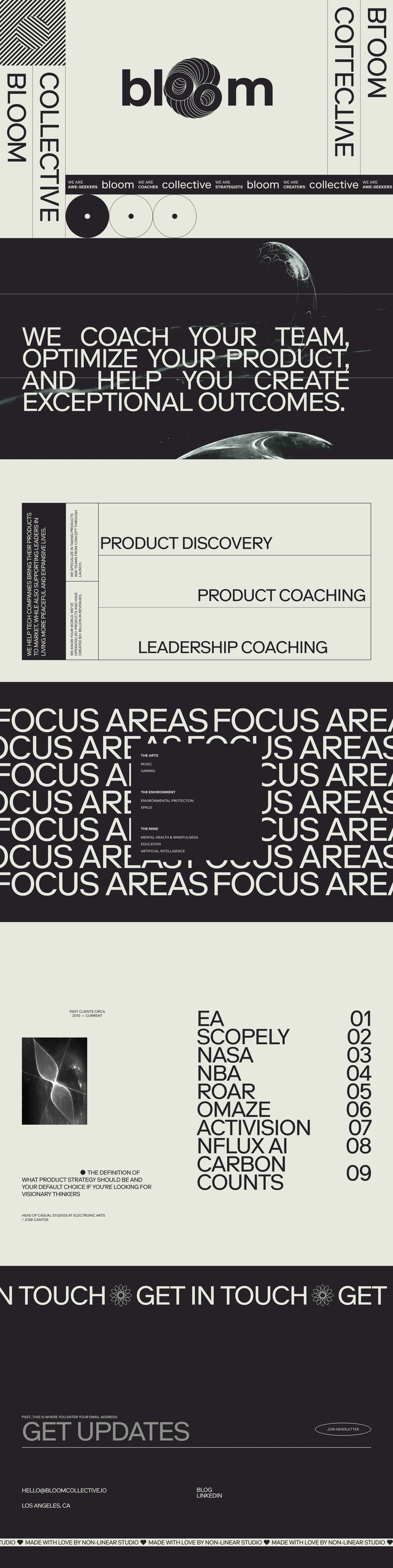 Bloom Collective Landing Page Example: Product Management, Strategy, and Coaching. We coach your team, optimize your product, and help you create exceptional outcomes.