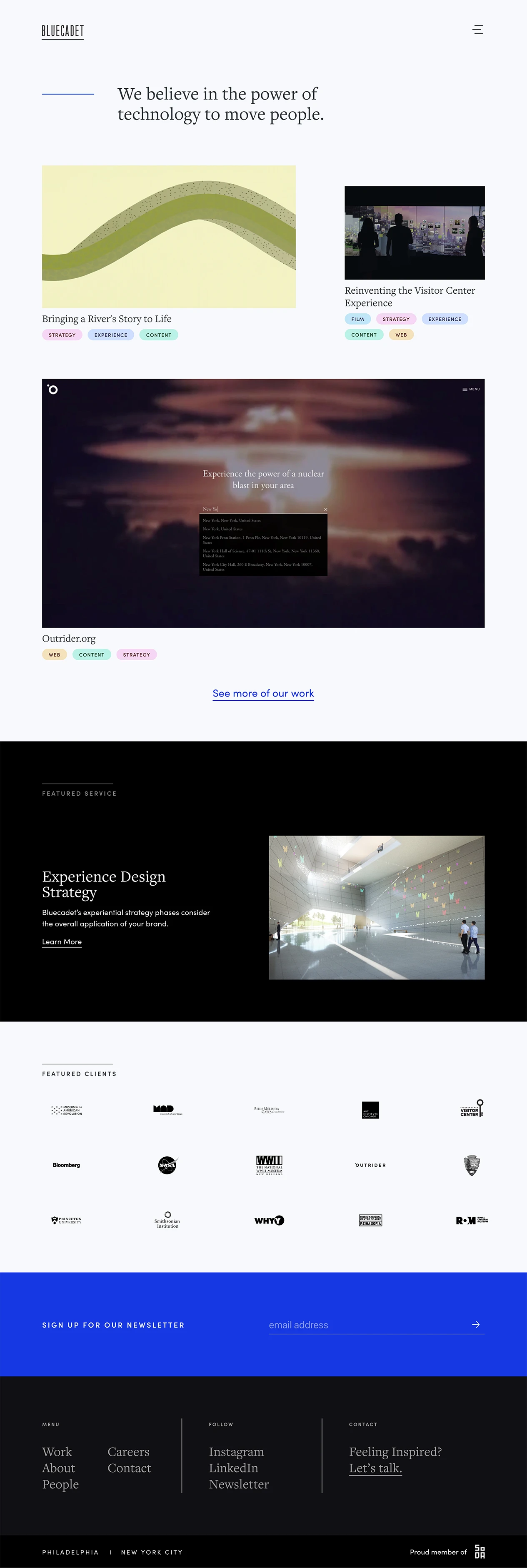 Bluecadet Landing Page Example: Inspired design for the digital age. We believe in the power of technology to move people.