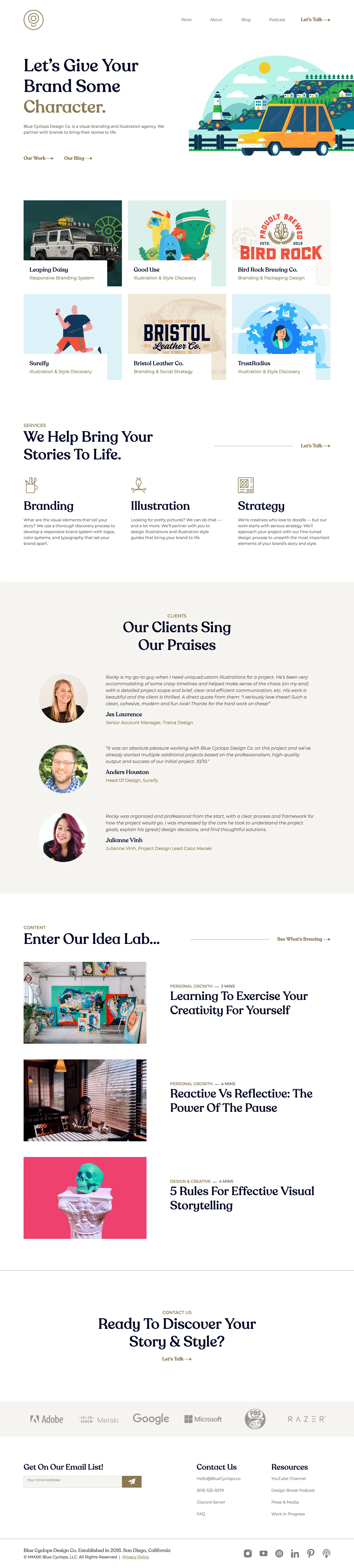 Blue Cyclops Design Co Landing Page Example: Blue Cyclops Design Co. is a visual branding and illustration agency. We partner with brands to bring their stories to life.