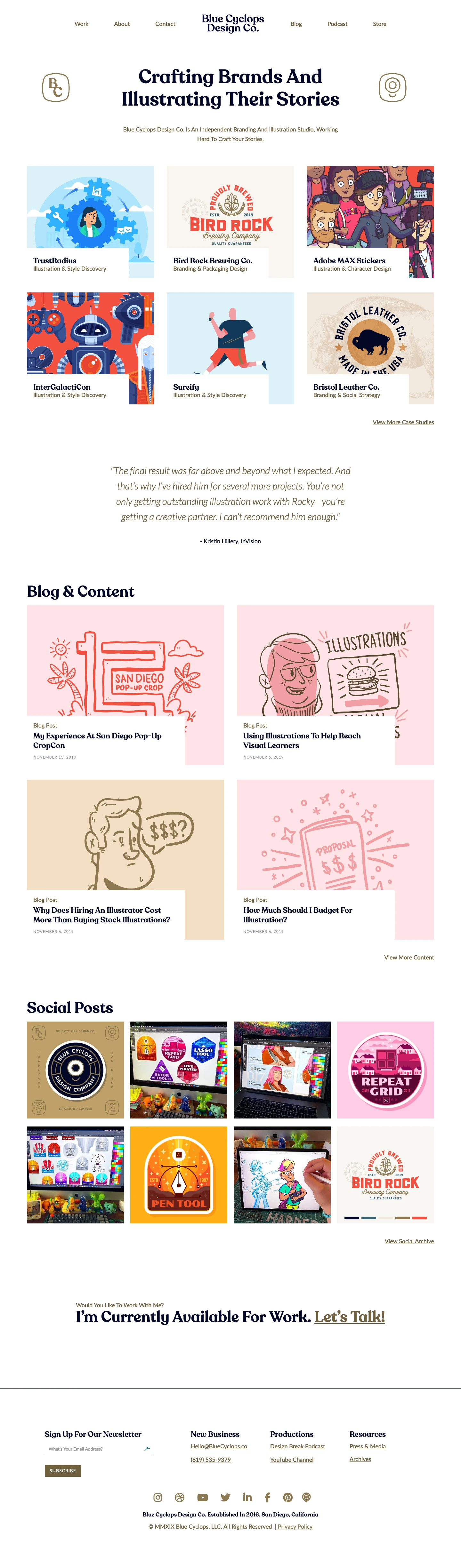 Blue Cyclops Design Co. Landing Page Example: Crafting brands and illustrating their stories. Blue Cyclops Design Co. is an independent branding and illustration studio, working hard to Craft Your stories.