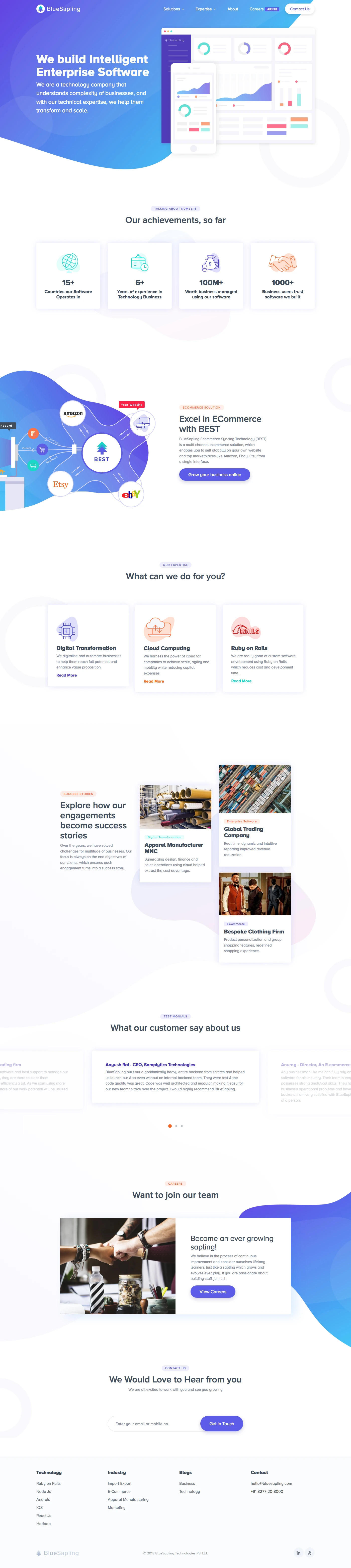 BlueSapling Landing Page Example: BlueSapling is a technology consulting company serving clients with intelligent enterprise software and data analytics solutions.