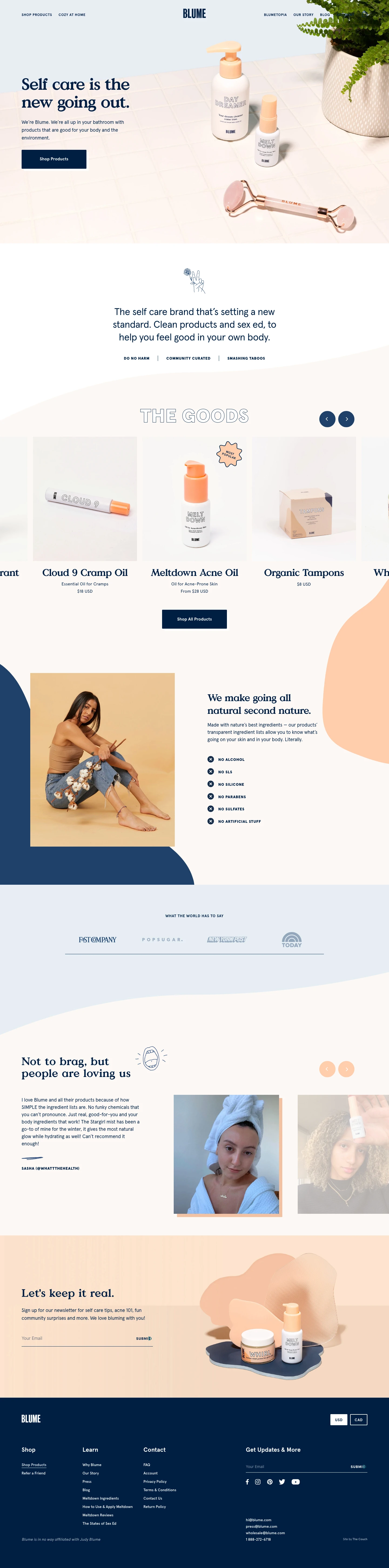 Blume Landing Page Example: Self care is the new going out. We’re Blume. We’re all up in your bathroom with products that are good for your body and the environment.