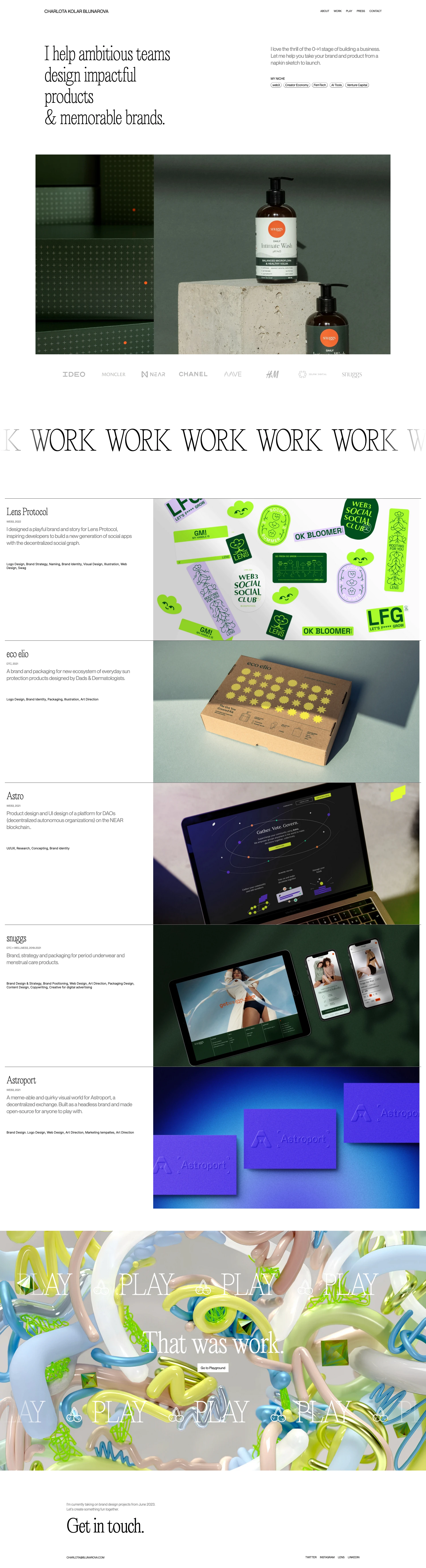 Charlota Blunarova Landing Page Example: Charlota is a designer helping ambitious teams create impactful products & memorable brands. She's an ex-IDEO designer and specializes in design for Web 3.0, FemTech, AI tools and VC. 