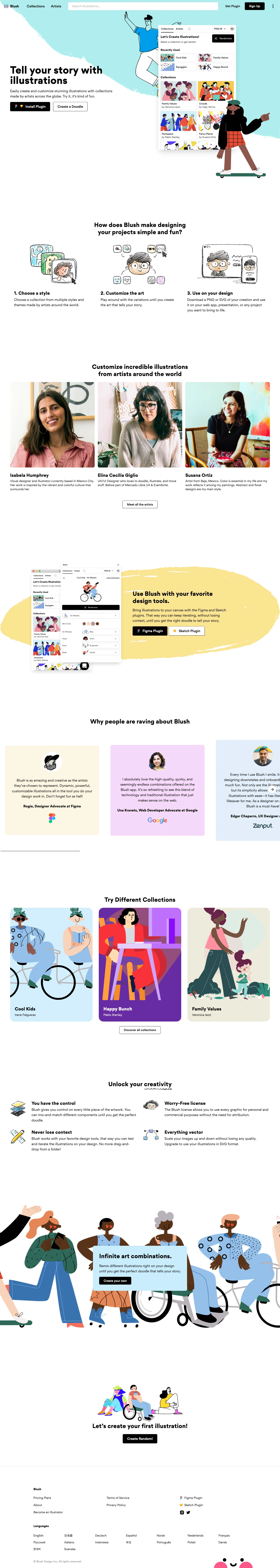 Blush Landing Page Example: Tell your story with illustrations. Easily create and customize stunning illustrations with collections made by artists across the globe. Try it, it’s kind of fun.