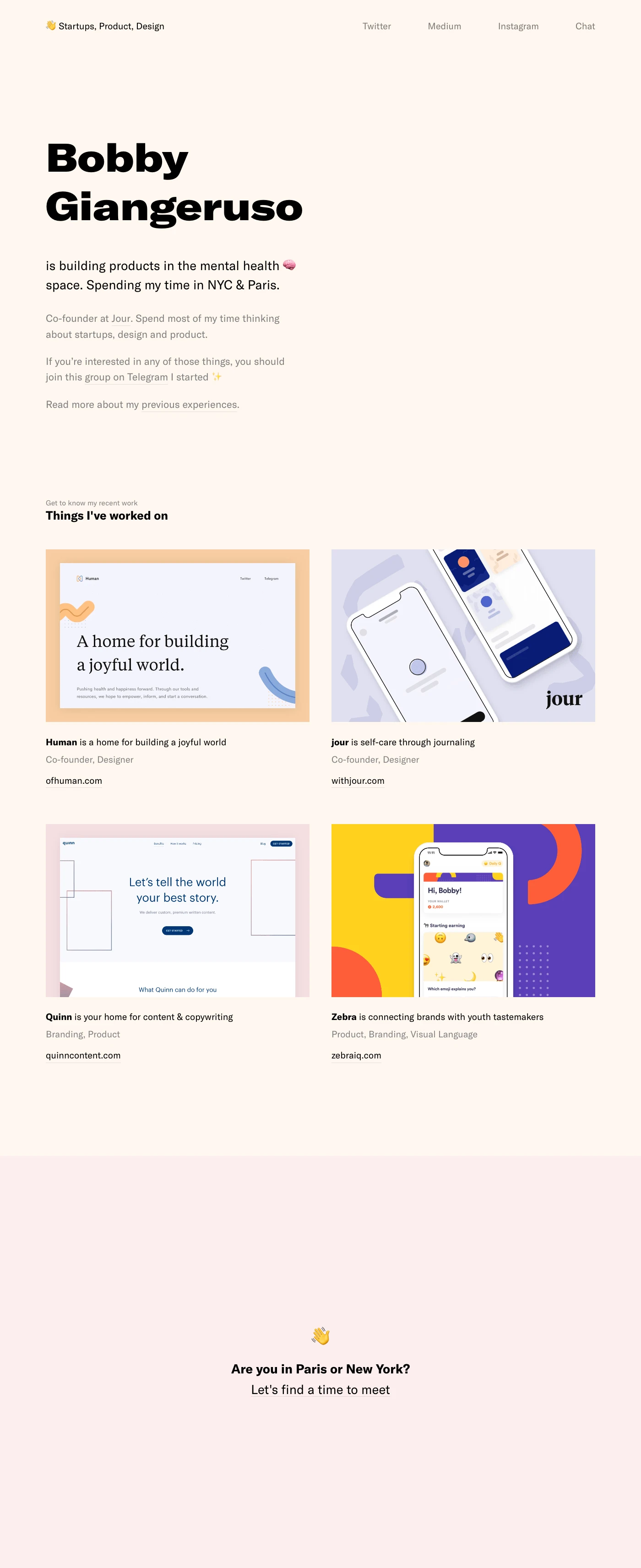 Bobby Giangeruso Landing Page Example: Bobby Giangeruso is building products in the mental health 🧠 space. Spending my time in NYC & Paris.