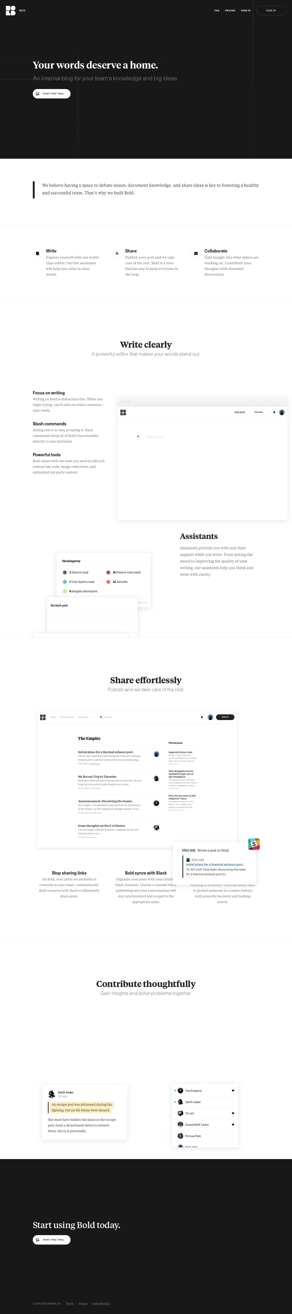 bold Landing Page Example: An internal blog for your team's knowledge and big ideas.