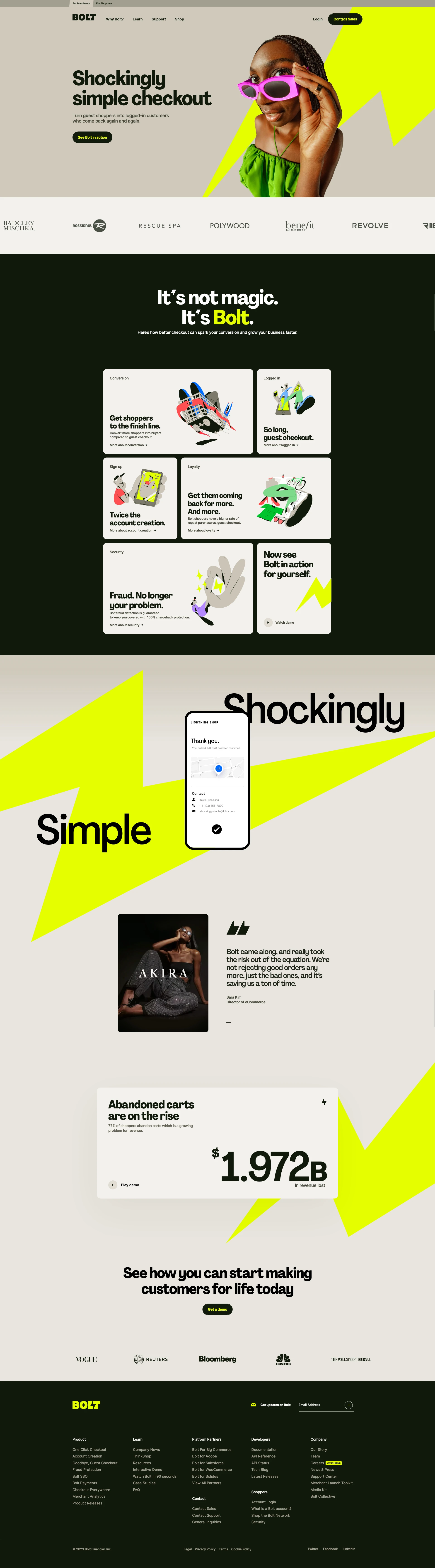 Bolt Landing Page Example: Shockingly simple checkout. Turn guest shoppers into logged-in customers who come back again and again.