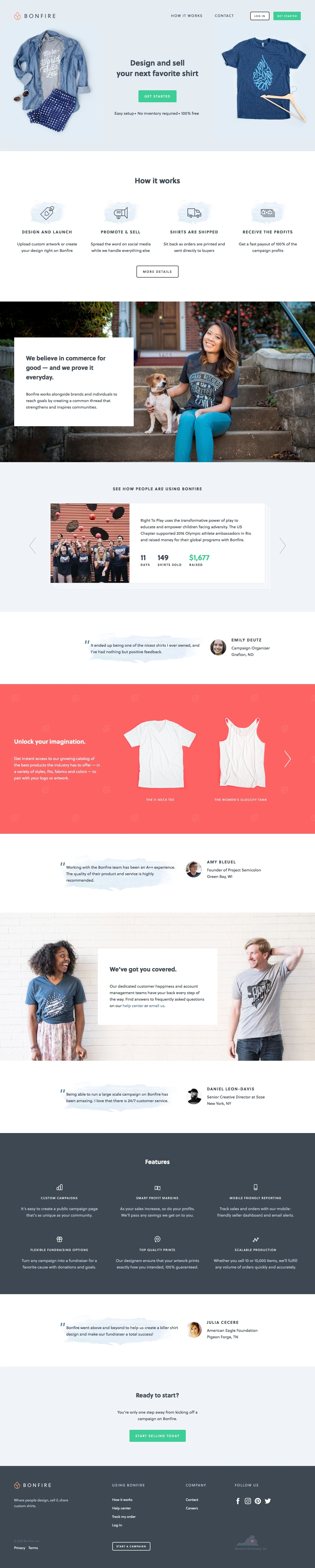 Bonfire Landing Page Example: Design & Sell Custom Shirts Online