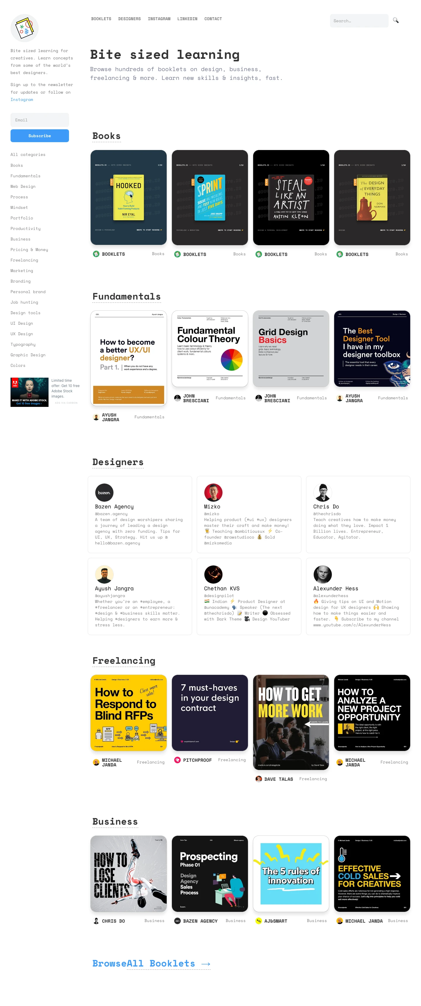 Booklets Landing Page Example: Browse hundreds of booklets on design, business, freelancing & more curated from the best designers in the world. Learn new skills & insights, fast.