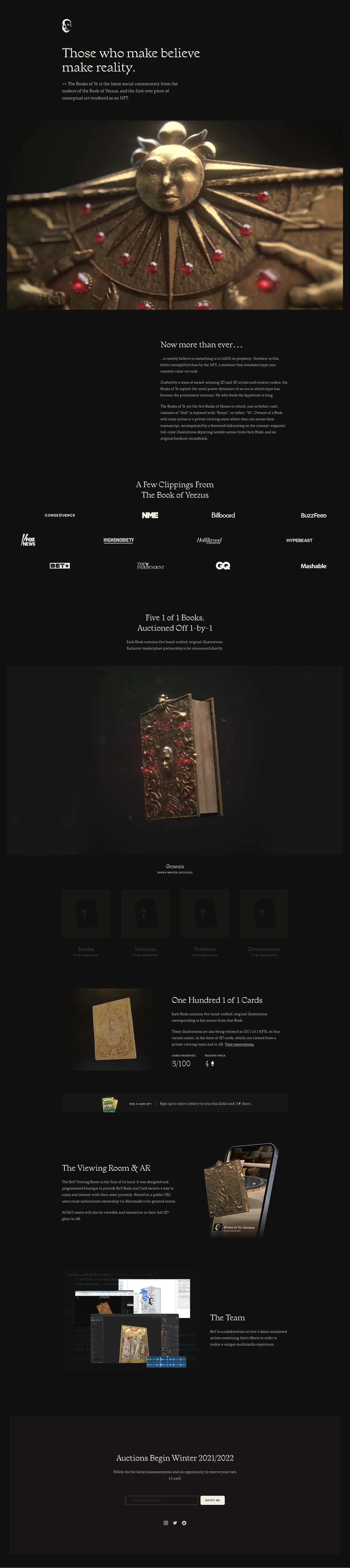 The Books of Ye Landing Page Example: The latest social commentary from the makers of the Book of Yeezus, and the first ever piece of conceptual art rendered as an NFT.