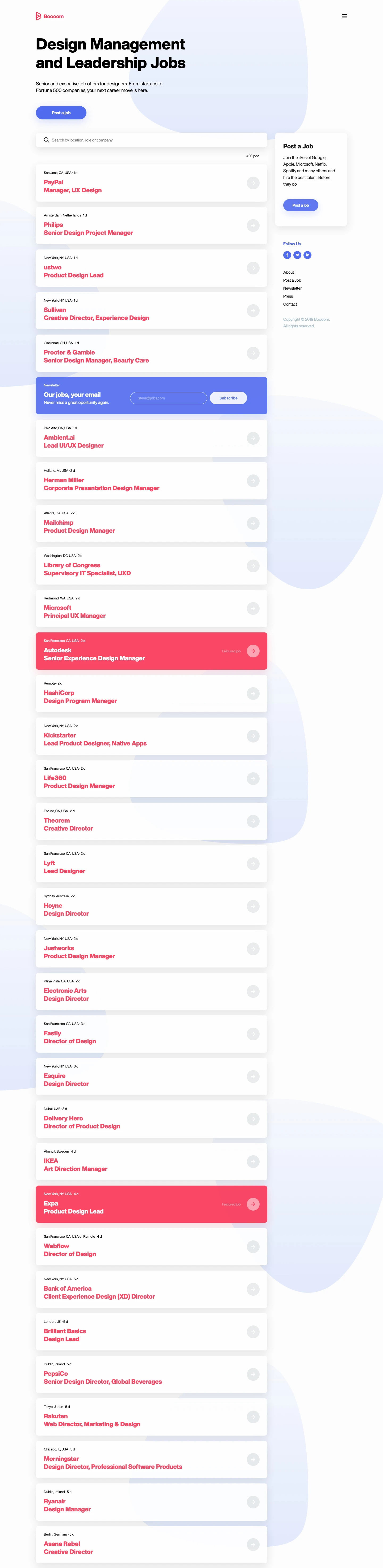 Boooom Landing Page Example: Senior and executive job offers for designers. From startups to Fortune 500 companies, your next career move is here.