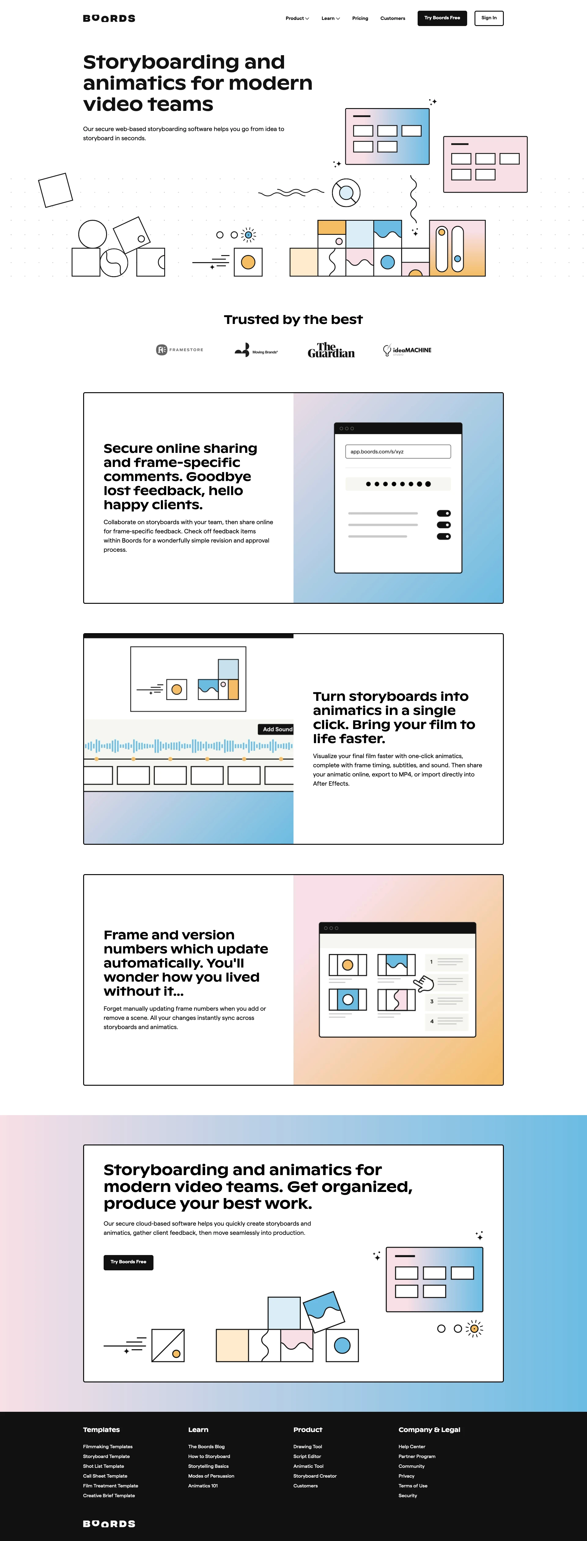 Boords Landing Page Example: Storyboarding and animatics for modern video teams. Our secure web-based storyboarding software helps you go from idea to storyboard in seconds.