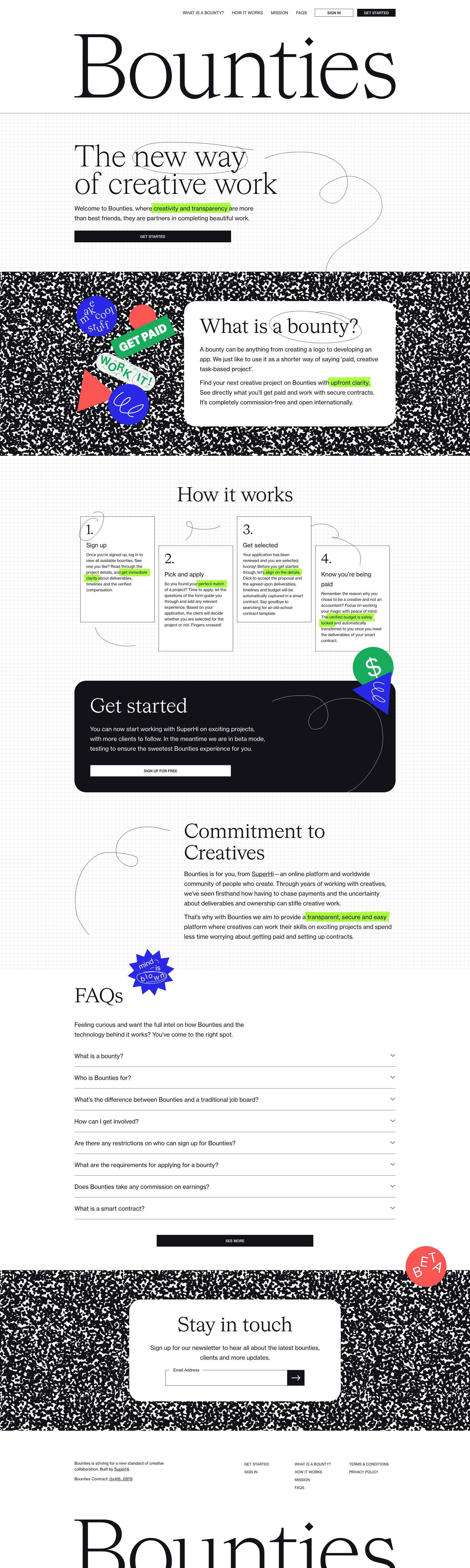 Bounties Landing Page Example: The new way of creative work. Welcome to Bounties, where creativity and transparency are more than best friends, they are partners in completing beautiful work.