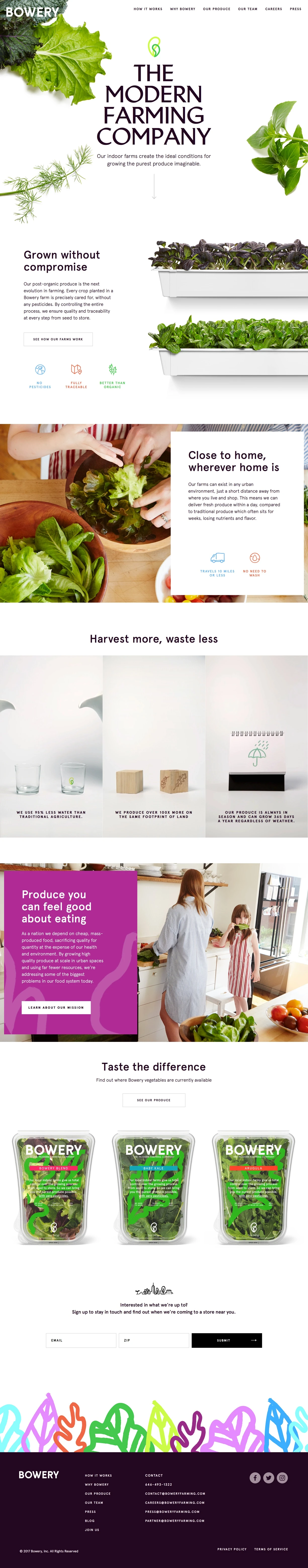 Bowery Landing Page Example: Our indoor farms create the ideal conditions for growing the purest produce imaginable