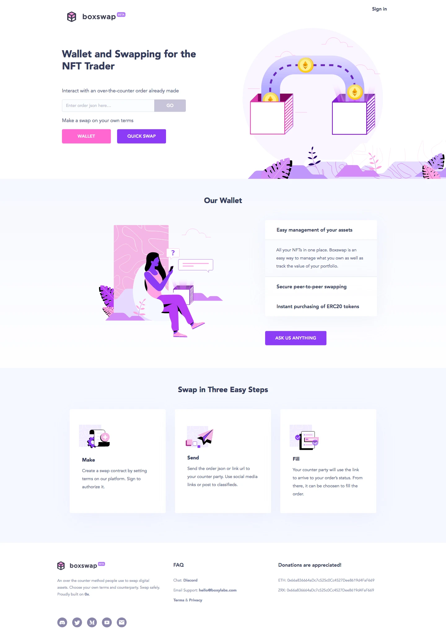 Boxswap Landing Page Example: Wallet and Swapping for the NFT Trader. An over the counter method people use to swap digital assets. Choose your own terms and counterparty. Swap safely. Proudly built on 0x.