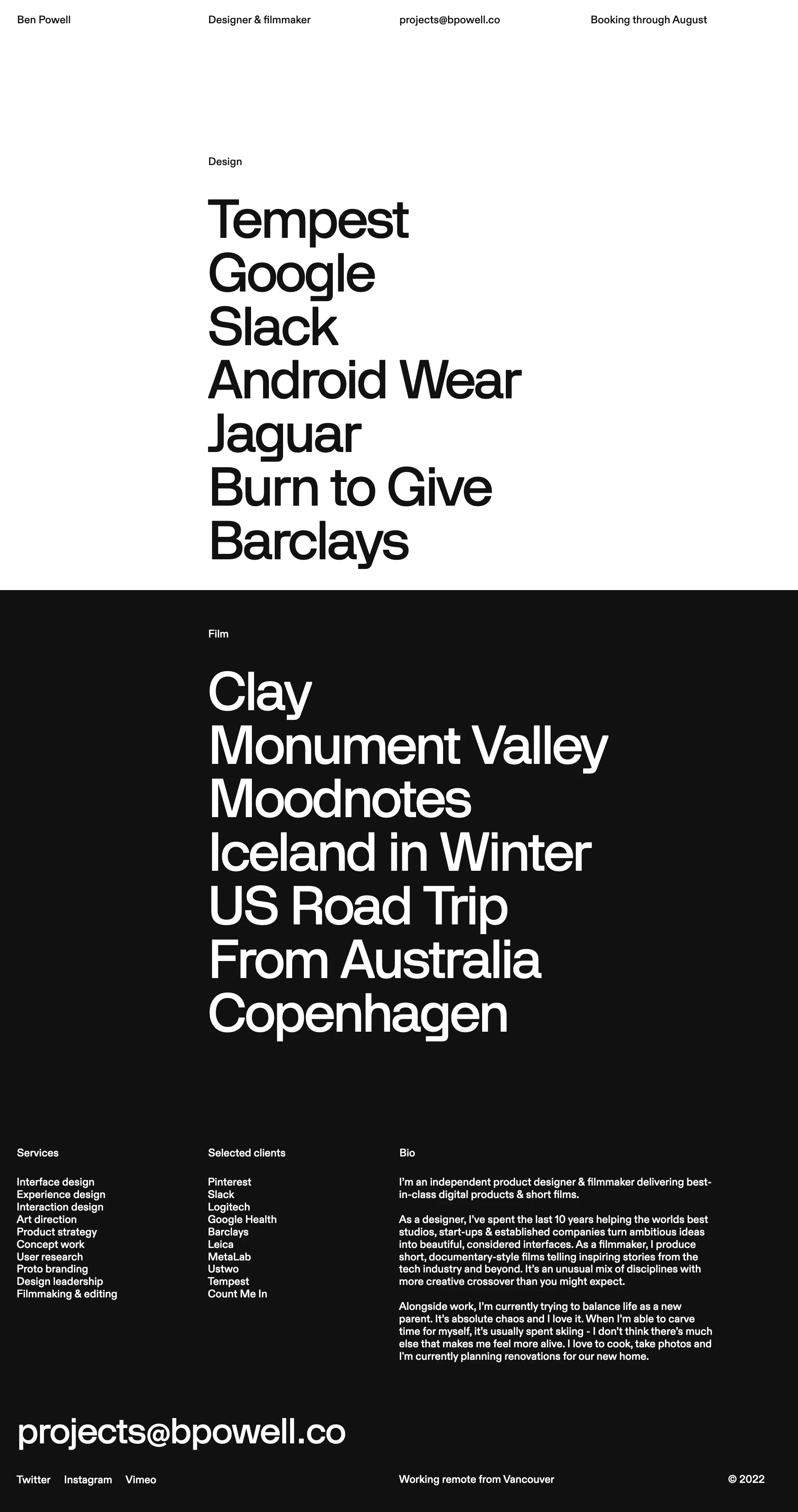 Ben Powell  Landing Page Example: For 10 years, I’ve specialised in interface, experience & interaction design as well as working in user research and product strategy for product agencies, big tech companies & start-ups.
