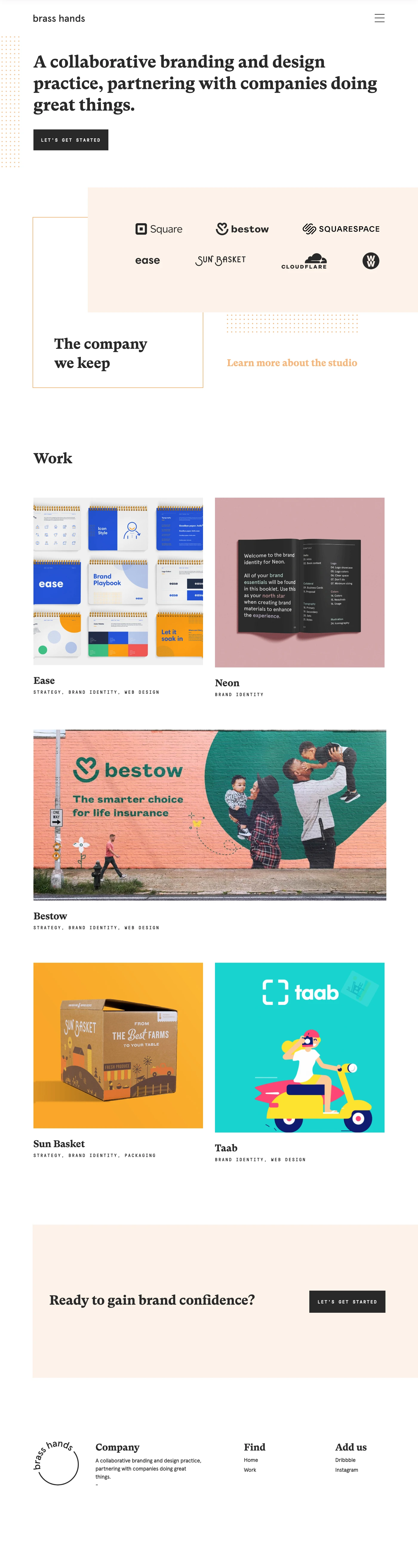Brass Hands Landing Page Example: A collaborative branding and design practice, partnering with companies doing great things.