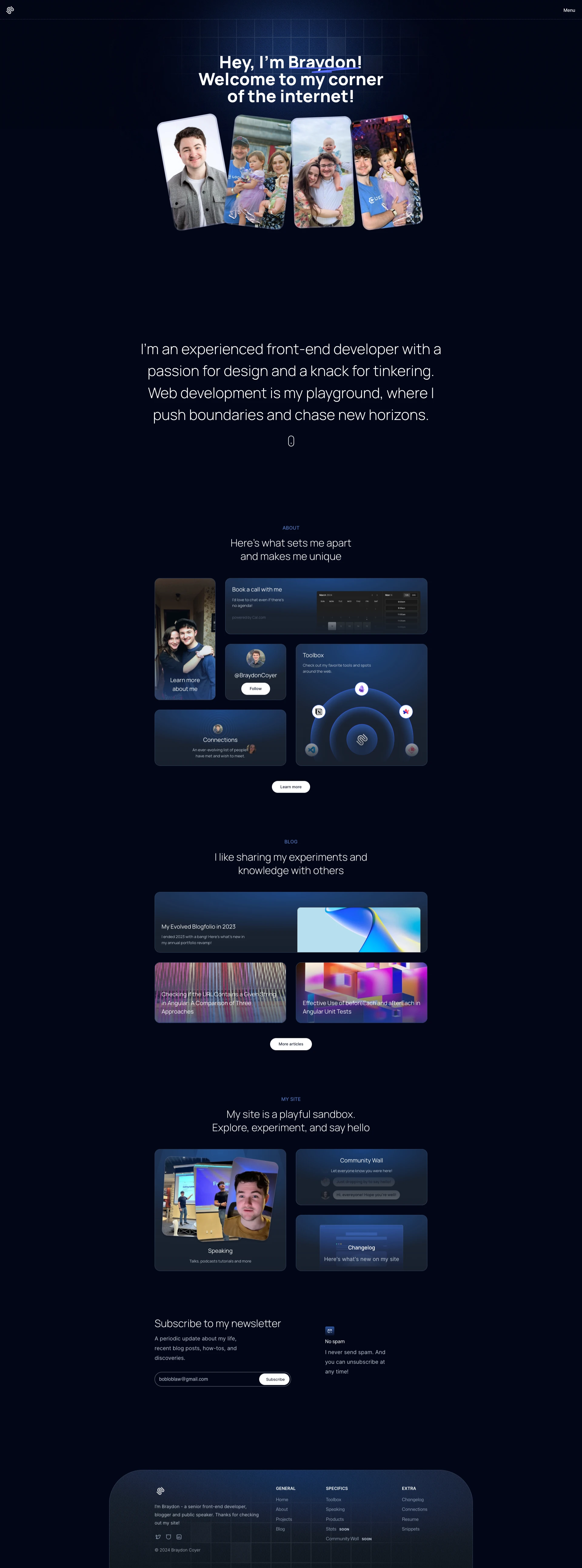 Braydon Coyer Landing Page Example: I'm Braydon - a senior front end developer, blogger and designer. Welcome to my corner of the internet!