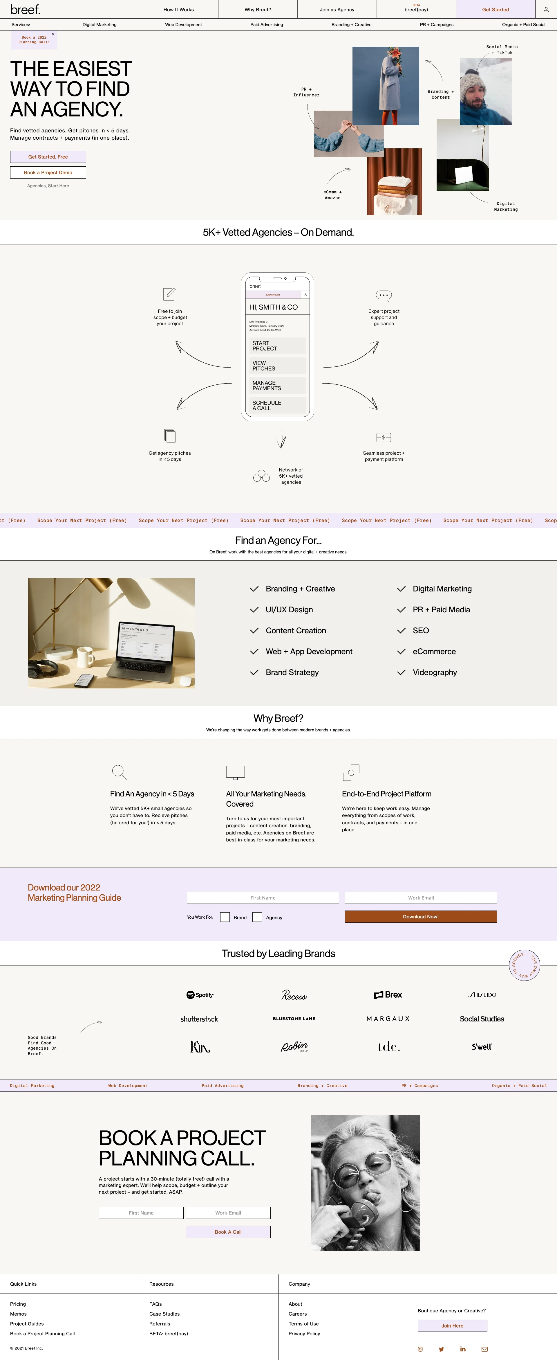 breef. Landing Page Example: Work with the best digital and creative agencies for all your project needs. Scope your project, receive agency pitches, manage payments — in one place.