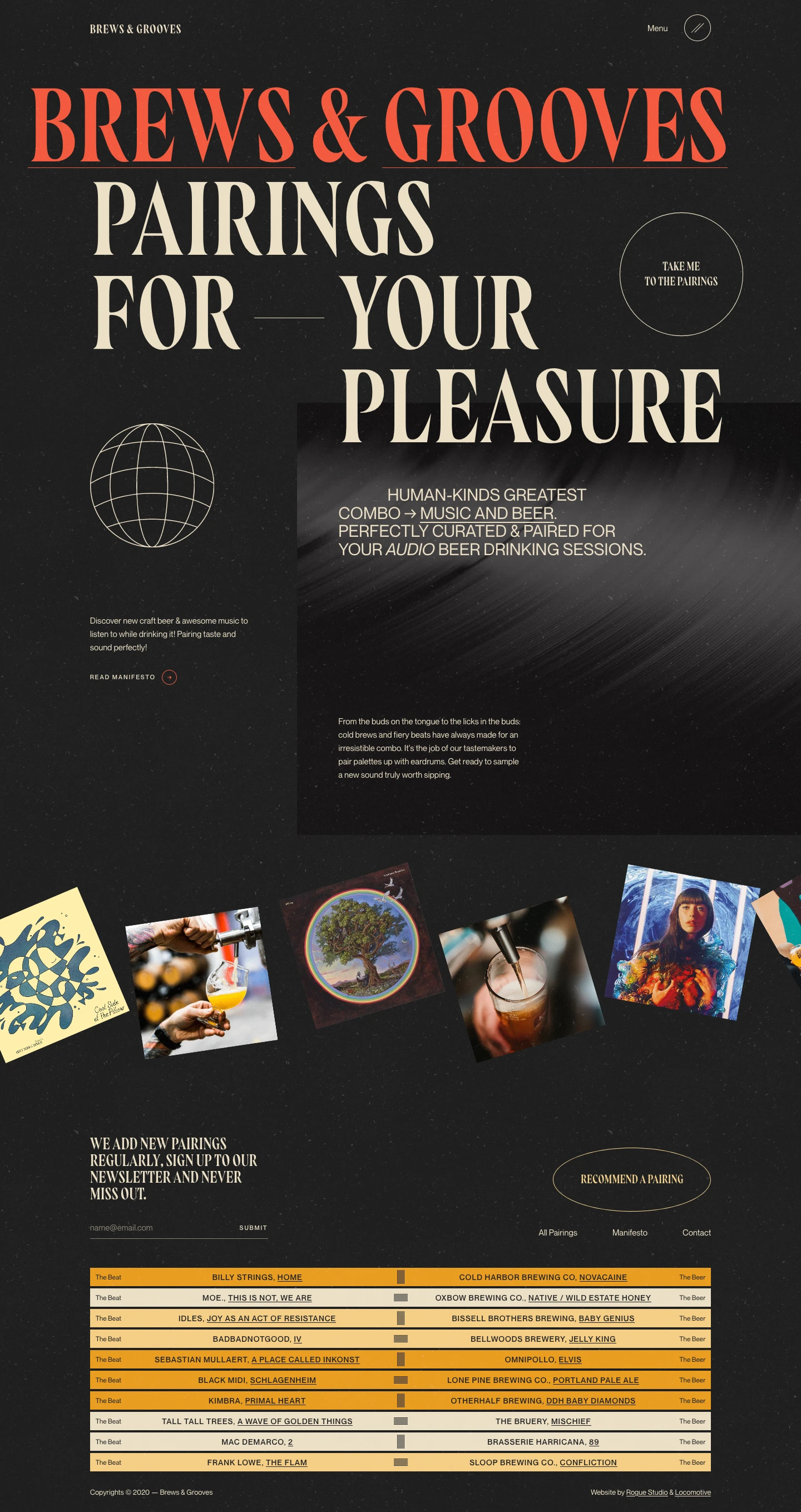 Brews & Grooves Landing Page Example: Discover new craft beer & awesome music to listen to while drinking it! Pairing taste and sound perfectly!