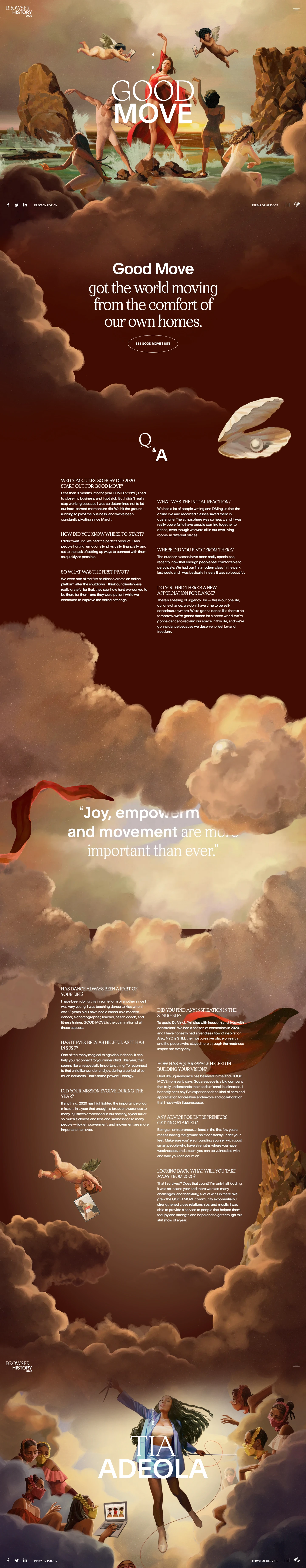 Browser History 2020 Landing Page Example: An exhibition celebrating the artists, entrepreneurs and dreamers who made the best of the worst year.